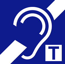 Cartela que indica la existencia de un bucle magnético. Símbolo de la accesibilidad auditiva, una oreja cruzada con una línea diagonal y en esquina inferior una T 