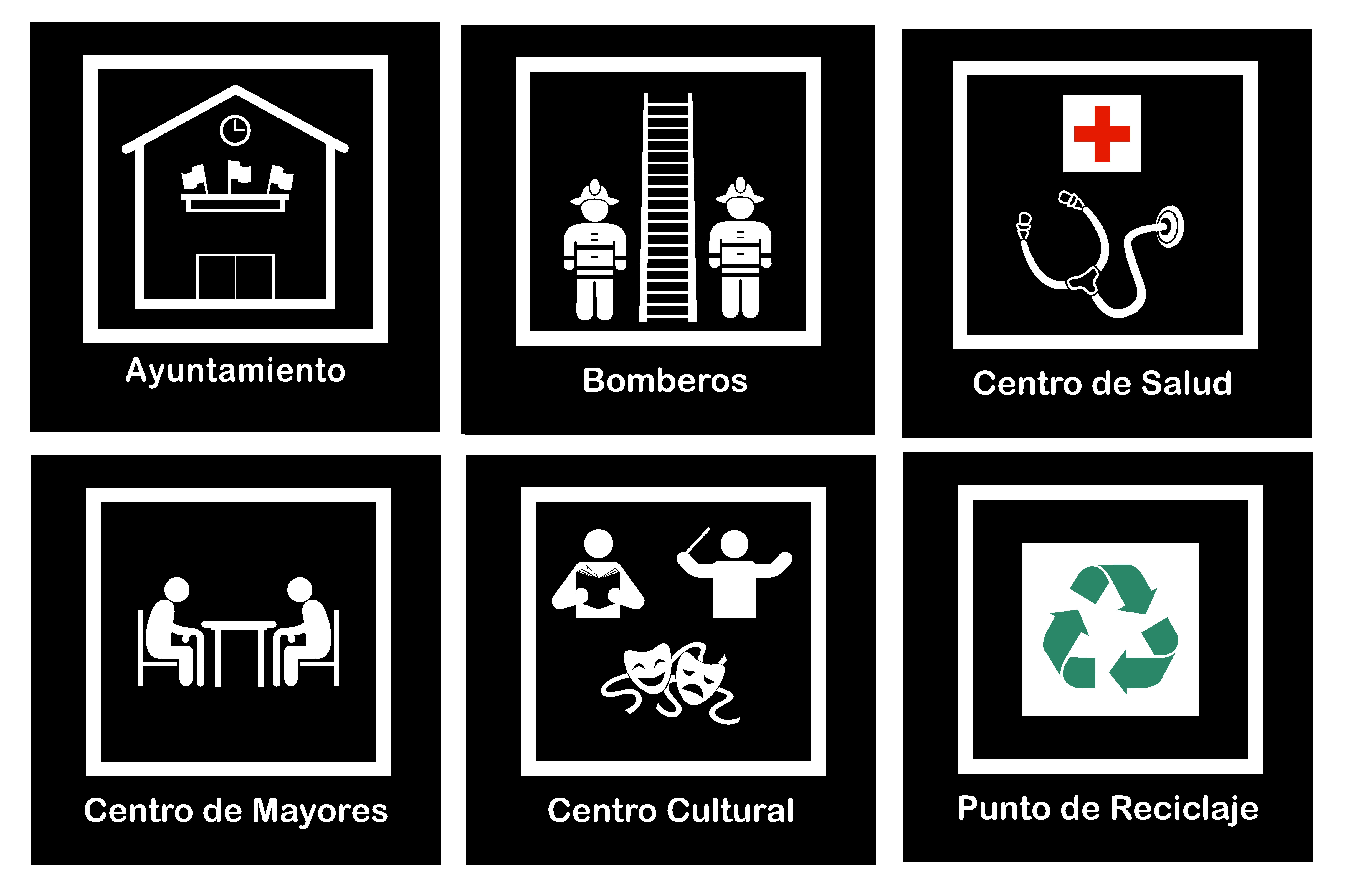 Selección pictogramas de Cermi: Ayuntamiento, bomberos, centro de salud, centro de mayores, centro cultural y punto de reciclaje